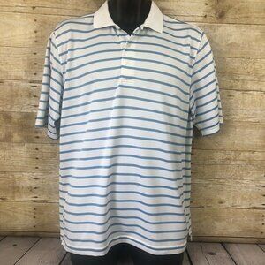 Arnold Palmer Polo Golf Shirt Medium White Blue Stripe Embroidered Umbrella Logo